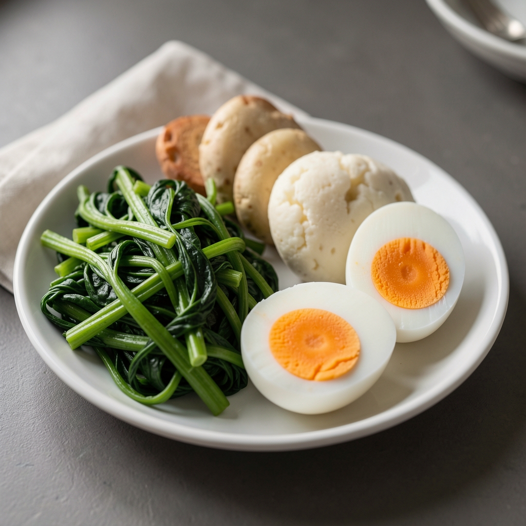 ผักโขม คะน้า และไข่ไก่จัดเรียงเป็นมื้ออาหารที่มีแคโรทีนอยด์ตามธรรมชาติ