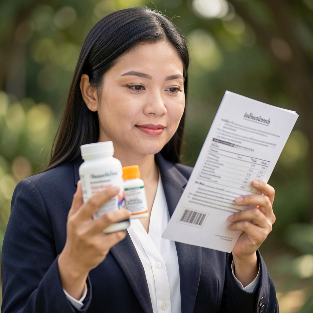 ผู้ตรวจสอบเนื้อหาหญิงกำลังอ่านฉลากผลิตภัณฑ์เสริมอาหารเทียบกับเอกสารอ้างอิง